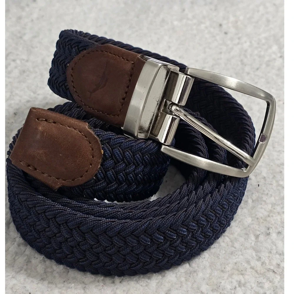 Nautica Mens Braided Stretch Belt‎ Navy Blue Brown Leather Trim L/XL 11TM030007